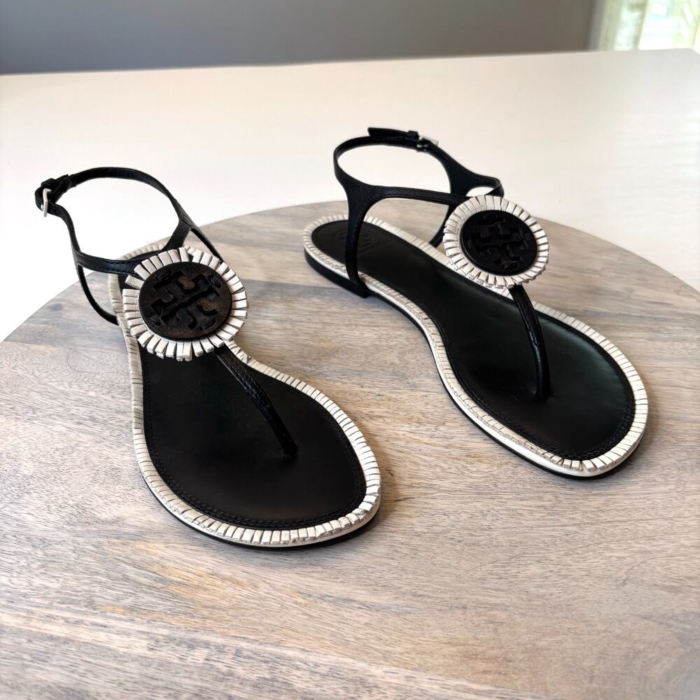 Tory Burch Miller Thong Sandals Black White Logo Leather Flip Flops Size 7M 7 M